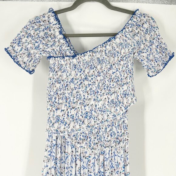 NWT Poupette St Barth Soledad Off Shoulder Smocked Midi Dress Blue Floral - Picture 3 of 11